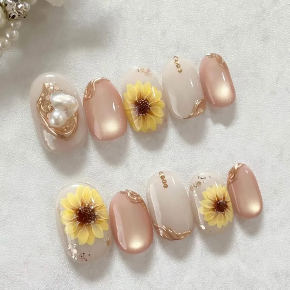 Nailhour 30Pcs Autumn Sunflower Cat Eye Medium Almond French Press On Nails