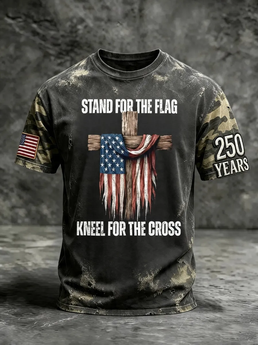 Men's America's 250th Anniversary Stand For The Flag Kneel For The Cross Faith Christian Cross Print T-Shirt