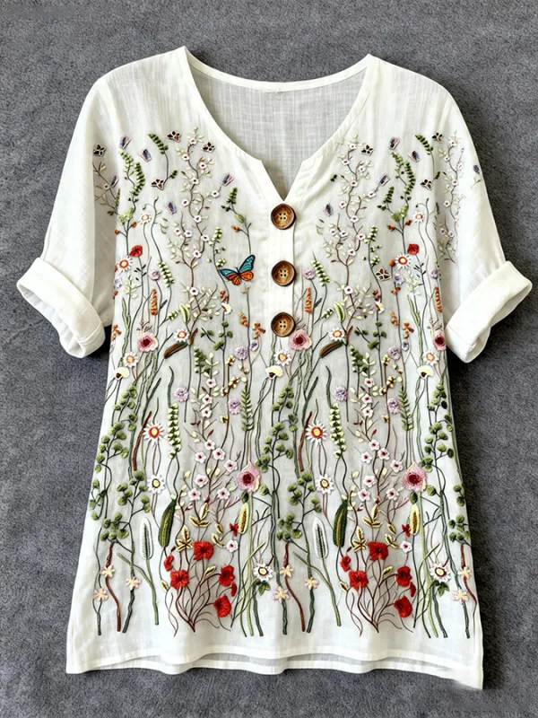 Women's casual floral cotton and linen top