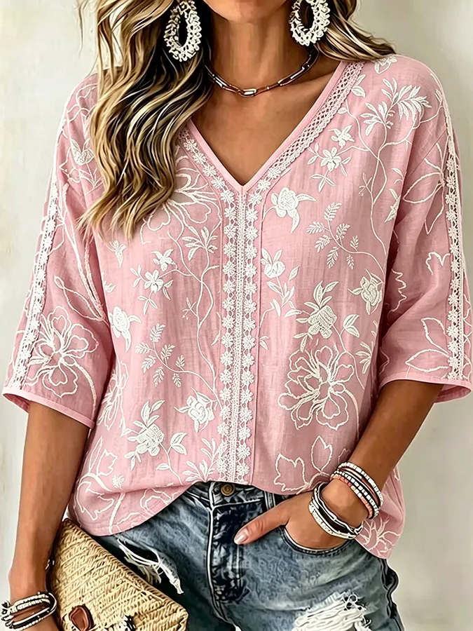 Women's V-neck floral print shirt