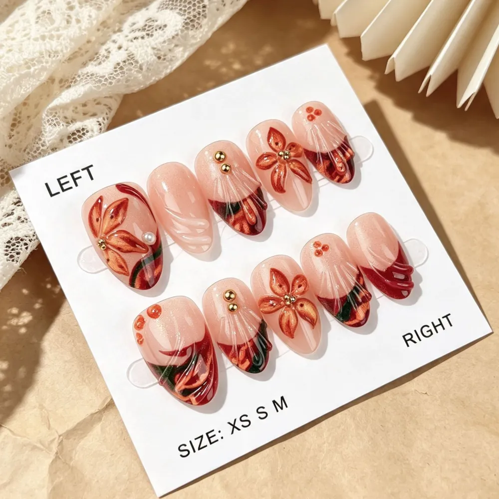 Nailhour 30Pcs Leopard Print Autumn/Winter Medium Almond French Press On Nails