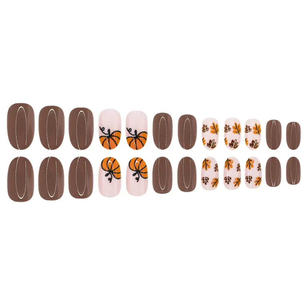 Nailhour 24Pcs Halloween Short Oval Autumn Pumpkin Press On Nails