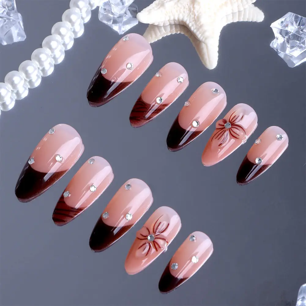 Nailhour 24Pcs French Medium Almond 3D Rhinestone Press On Nails