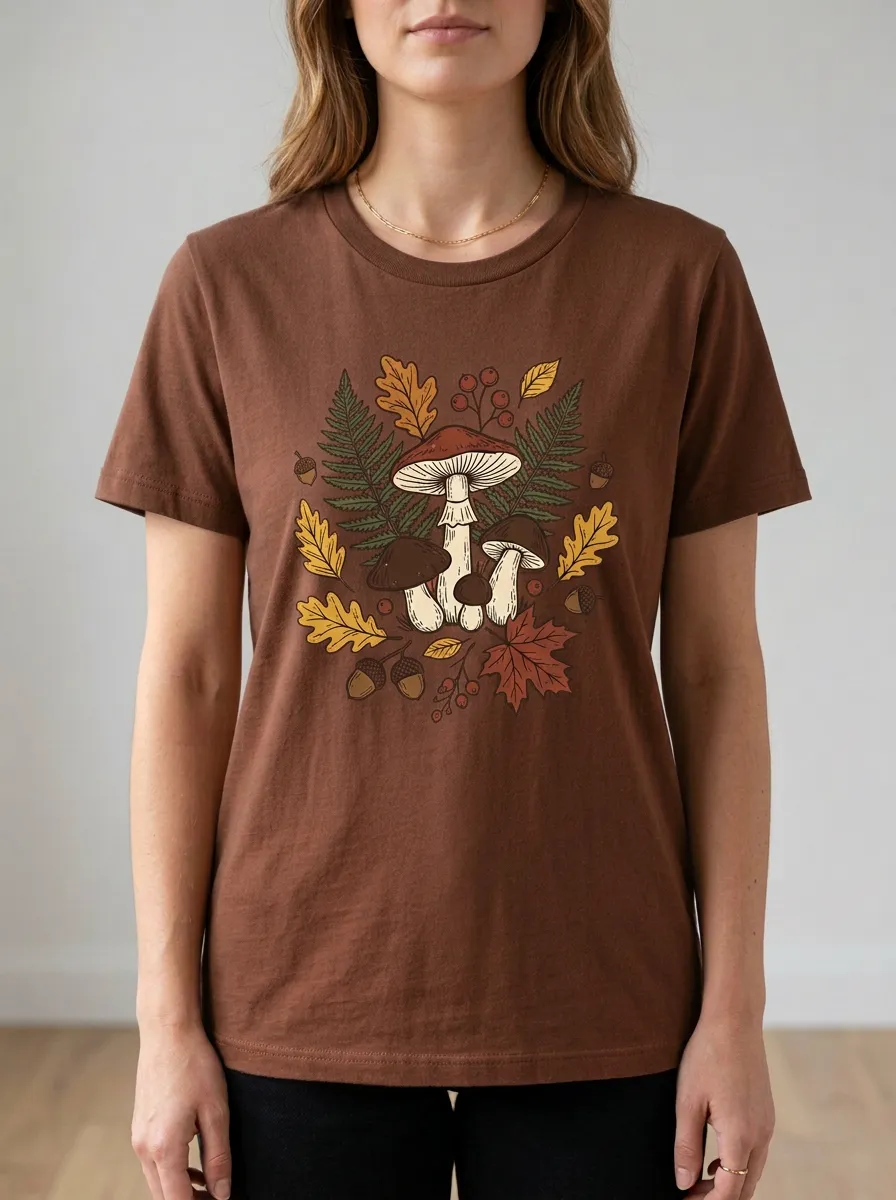 Mushroom Fern Acorn Printed Women's Graphic T-Shirt