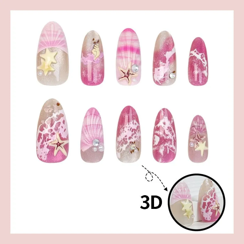 Nailhour 30Pcs Pink Ocean Tones 3D Medium Almond French Press On Nails
