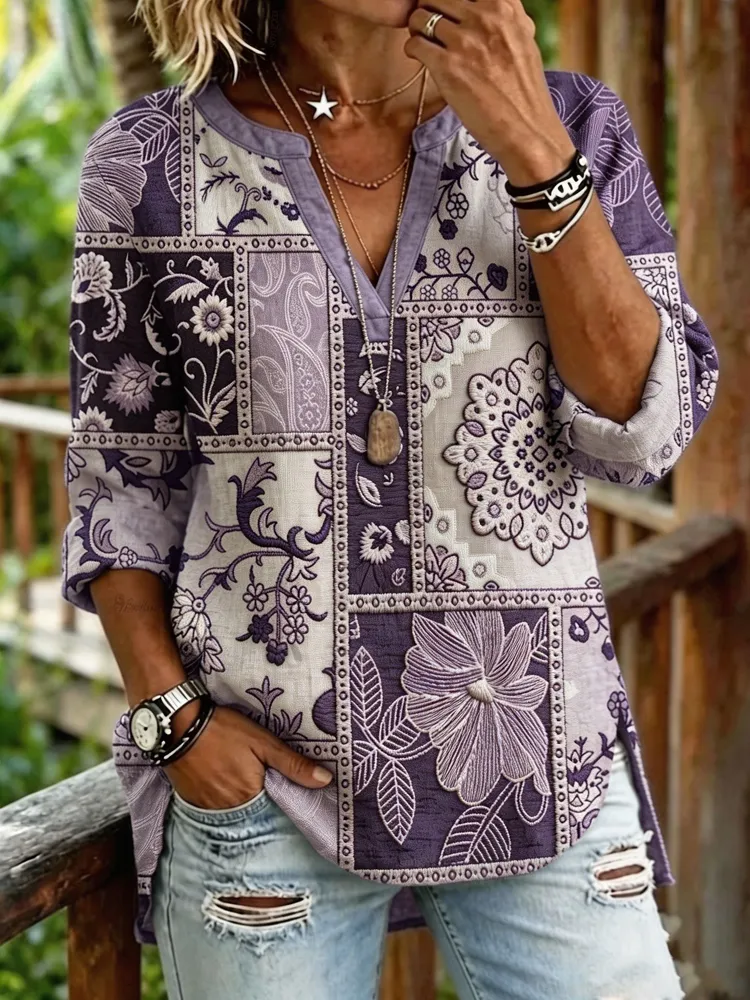 Women'S Casual Floral Embroidered V-Neck Top