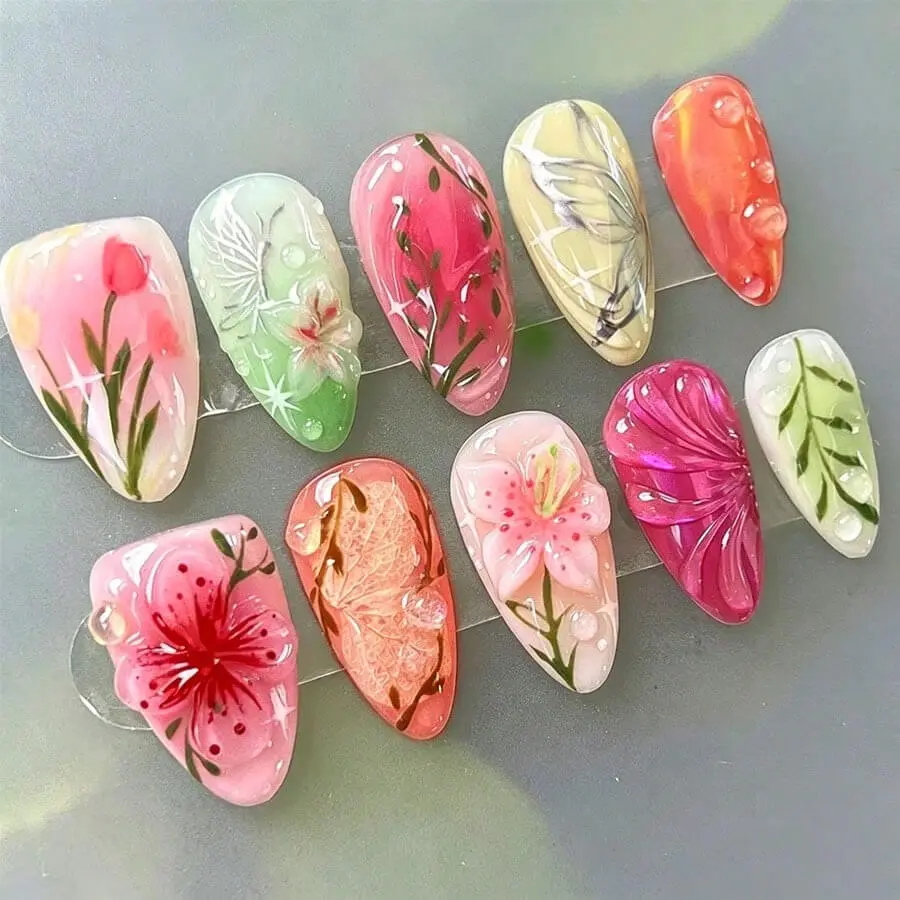 Nailhour 30Pcs 3D Floral Resin Medium Almond Press On Nails