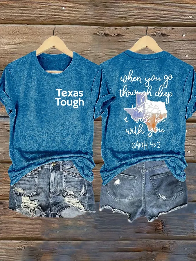 Retro Texas Tough Print Round Neck T-Shirt