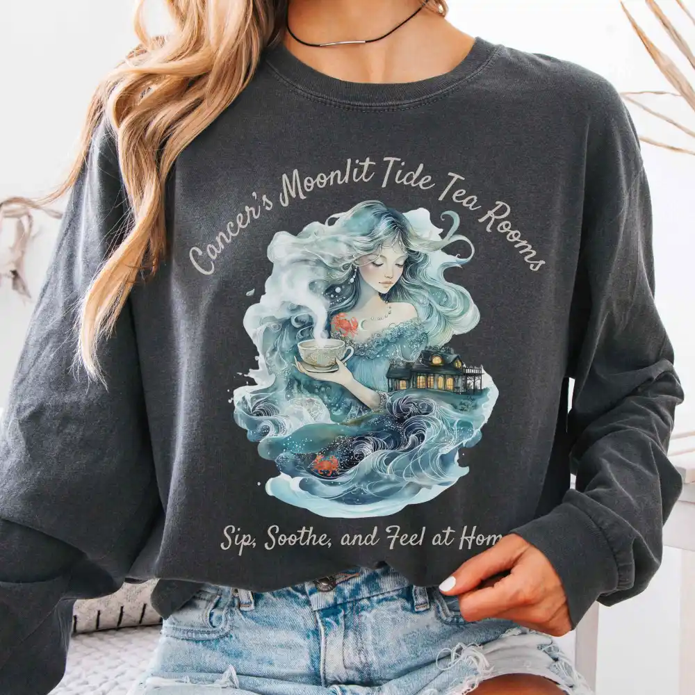 Cancer's Moonlit Tide Tea Rooms Zodiac Long Sleeve Tee