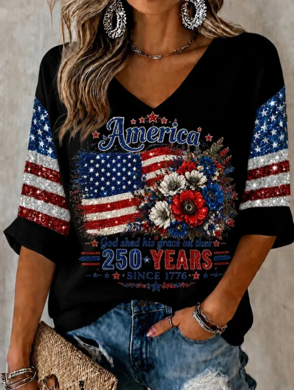 Women'S Retro Independence Day Art Printed Casual T-Shirt