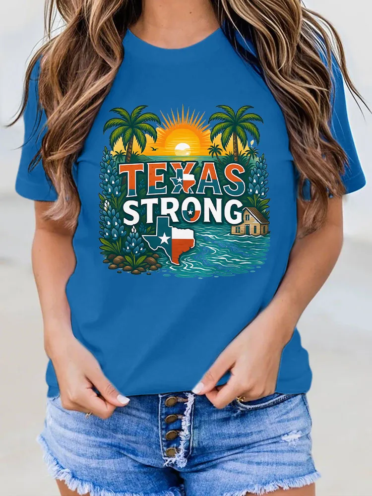 Ladies TEXAS STRONG Versatile Seaside Vacation Art Print Round Neck Shirt