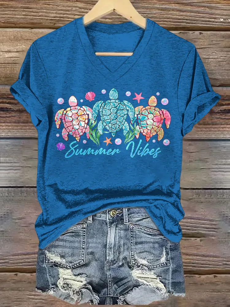 Women's Vibes Short Sleeves V-Neck Pure Cotton T-Shirt
