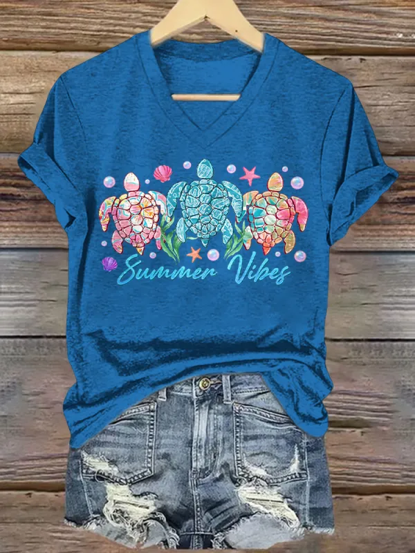 Women's Vibes Short Sleeves V-Neck Pure Cotton T-Shirt