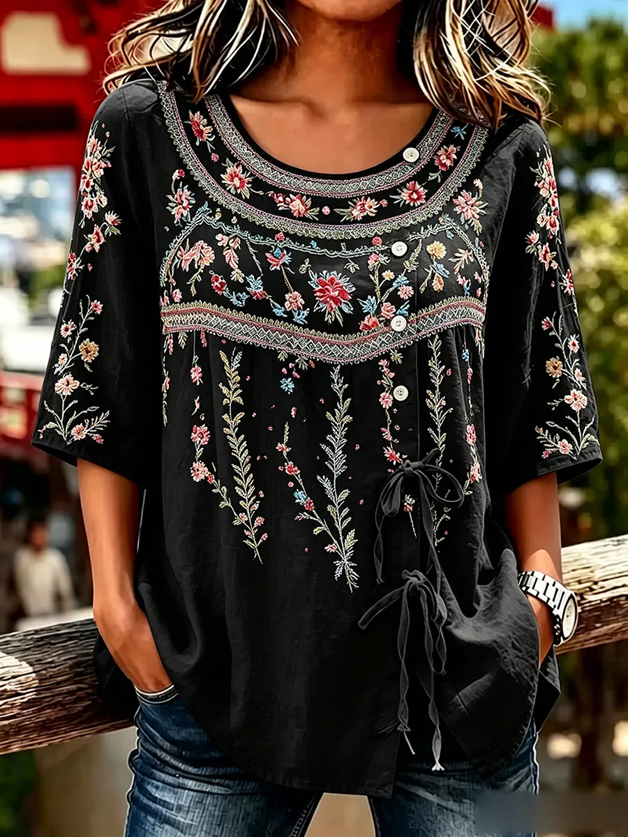 Women's  Floral Embroidered Tie Front 3/4 Sleeve Blouse