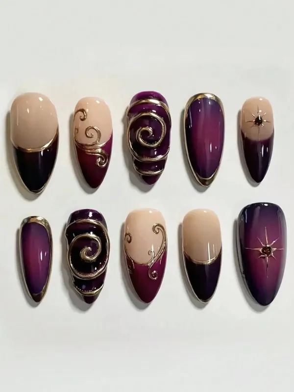 Nailhour 10pcs Y2K Style French Purple 3D Press On Nails