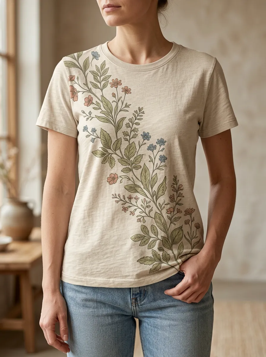 Women's Botanical Nature Lover Floral Vine Printed T-shirt