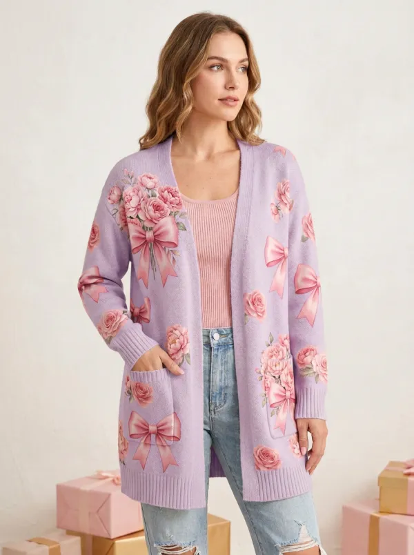 Women's Breast Cancer Awareness Pink Ribbon Rose Printed Cardigan