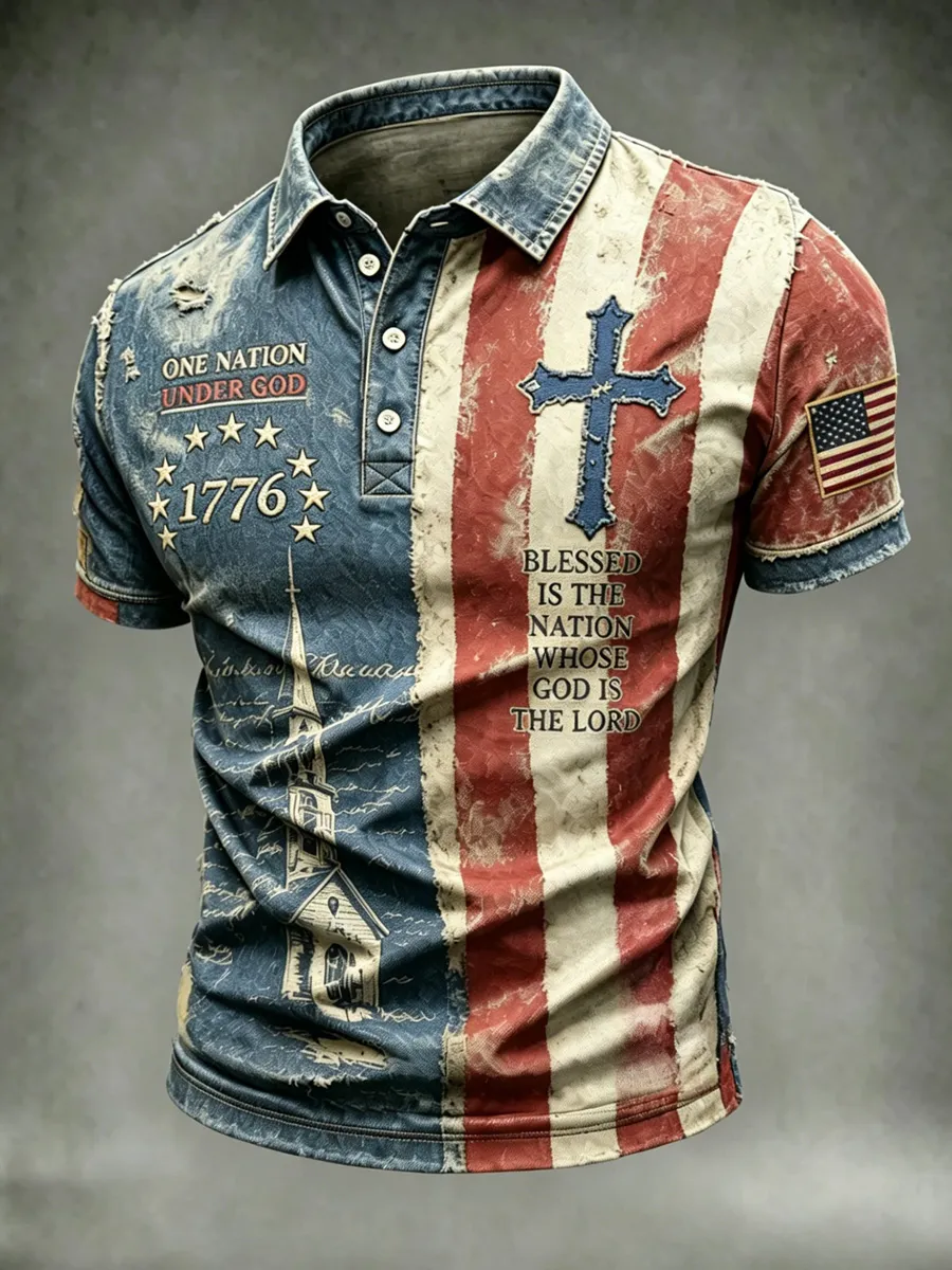 Men's Vintage Faith Print Short‑Sleeve Polo Shirt