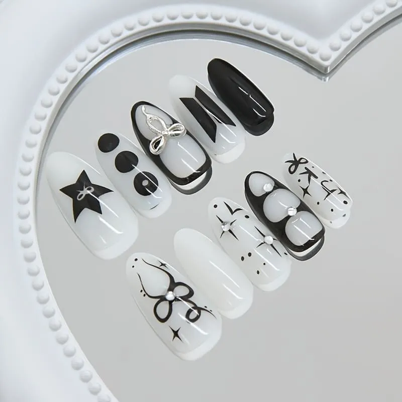 Nailhour 30Pcs 3D Vintage Black Rhinestone Medium Almond Press On Nails