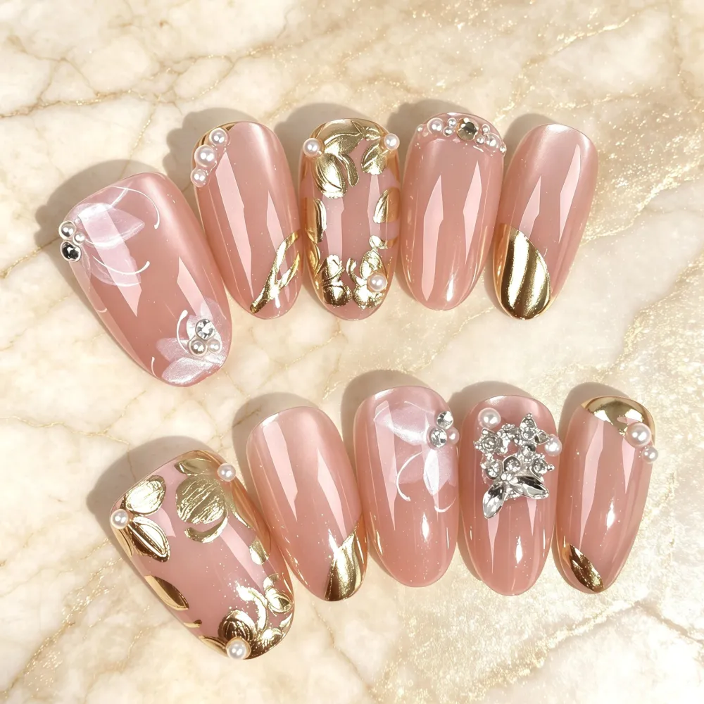 Nailhour 30Pcs French Gilded Rhinestone Short Oval Press On Nails