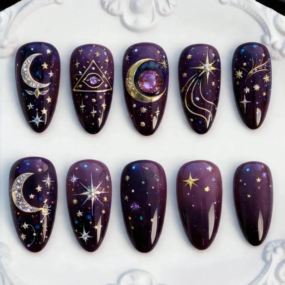 Nailhour 30Pcs Medium Almond 3D Purple Starry Sky Press On Nails