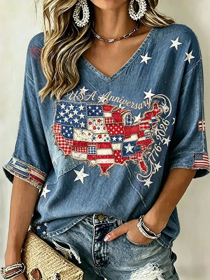 Women'S Flag Printed Long Sleeved Cotton And Linen Top