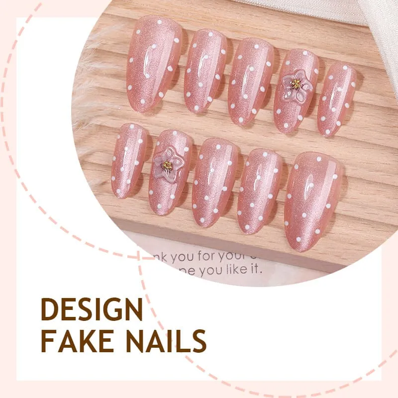 Nailhour 30Pcs Pink Polka Dots Cat Eye Medium Almond French Press On Nails