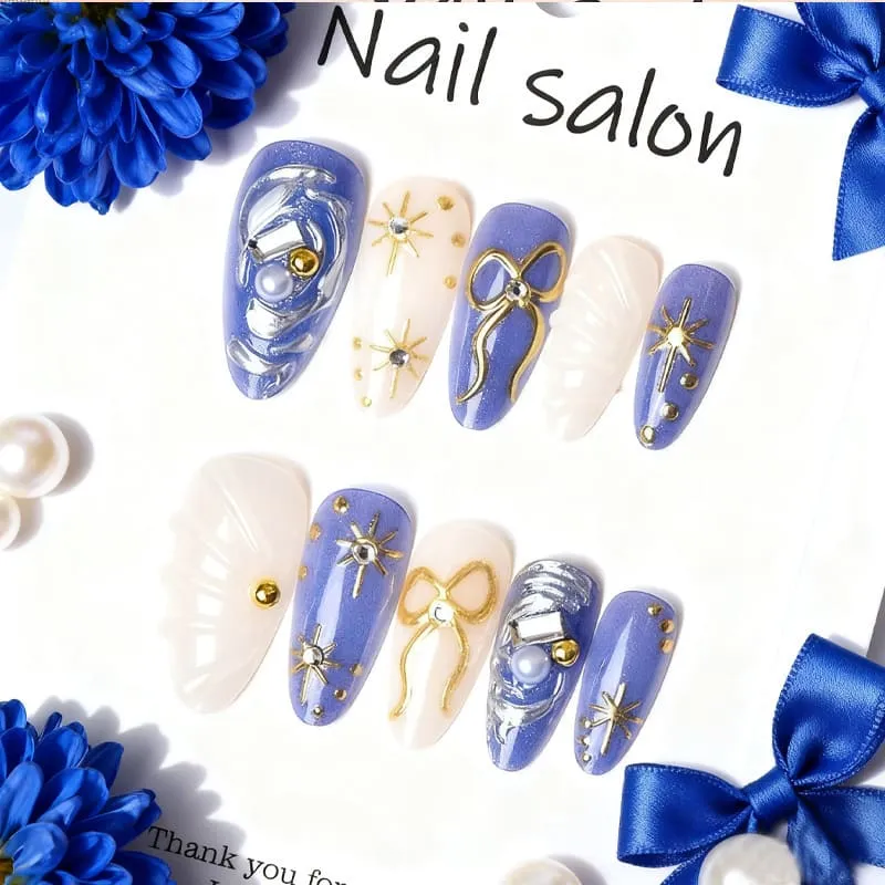 Nailhour 24Pcs 3D Butterfly Bow Medium Almond French Press On Nails
