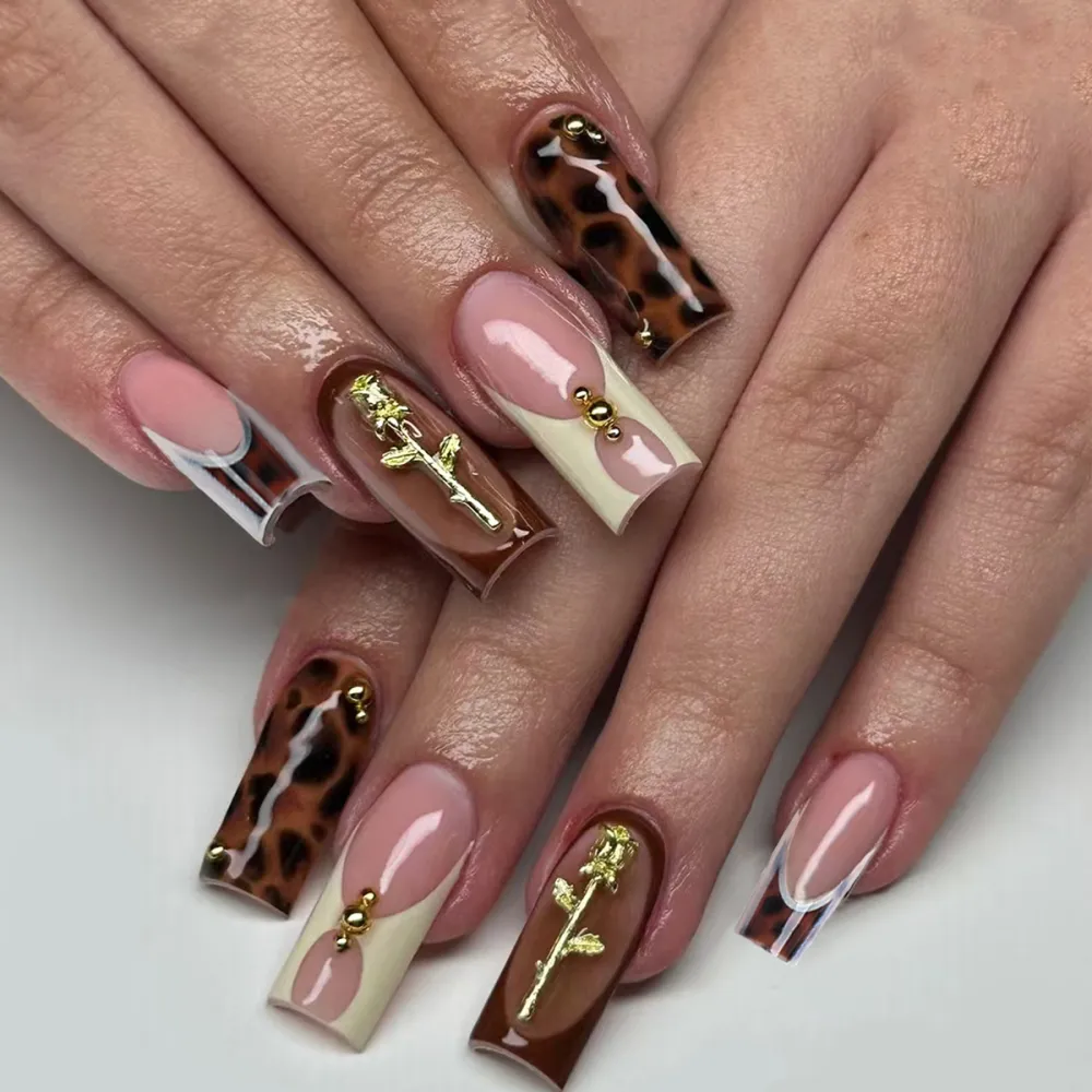 Nailhour 24Pcs Minimalist French Medium Leopard Print Press On Nails