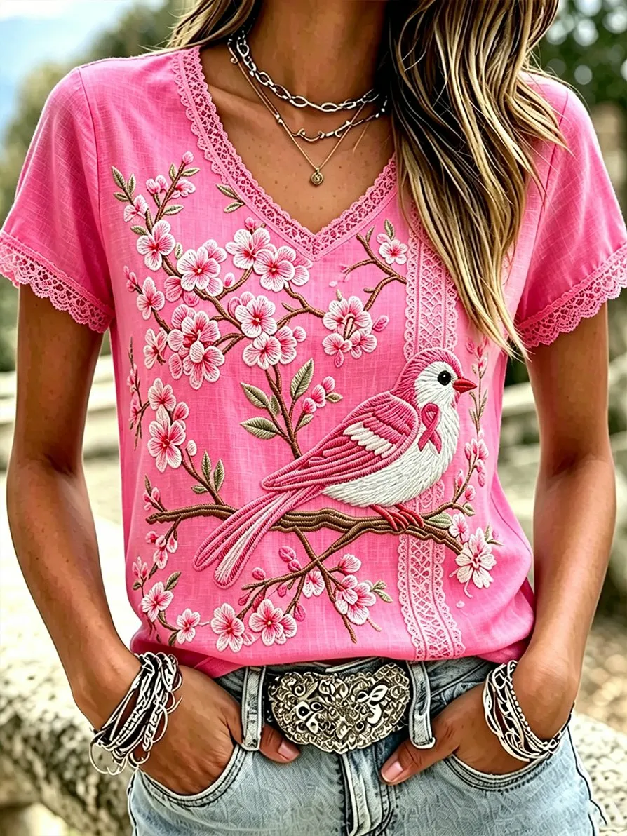 Women'S Casual Pink Breast Cancer Art Round Neck Top