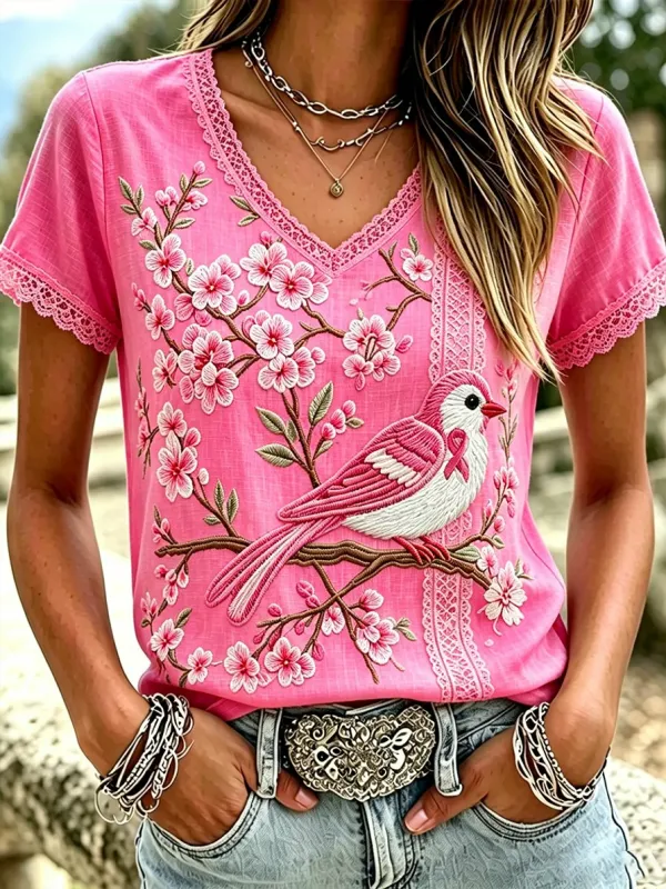 Women'S Casual Pink Breast Cancer Art Round Neck Top