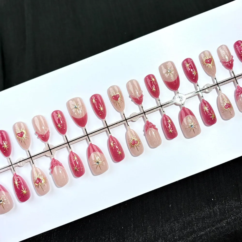 Nailhour 30Pcs Light Red Cat Eye Medium Almond French Press On Nails