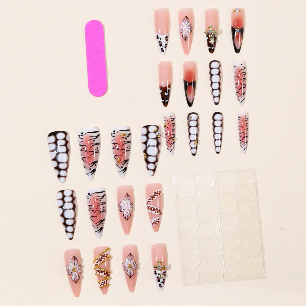 Nailhour 24Pcs Brown 3D Floral Vintage Long Almond Press On Nails