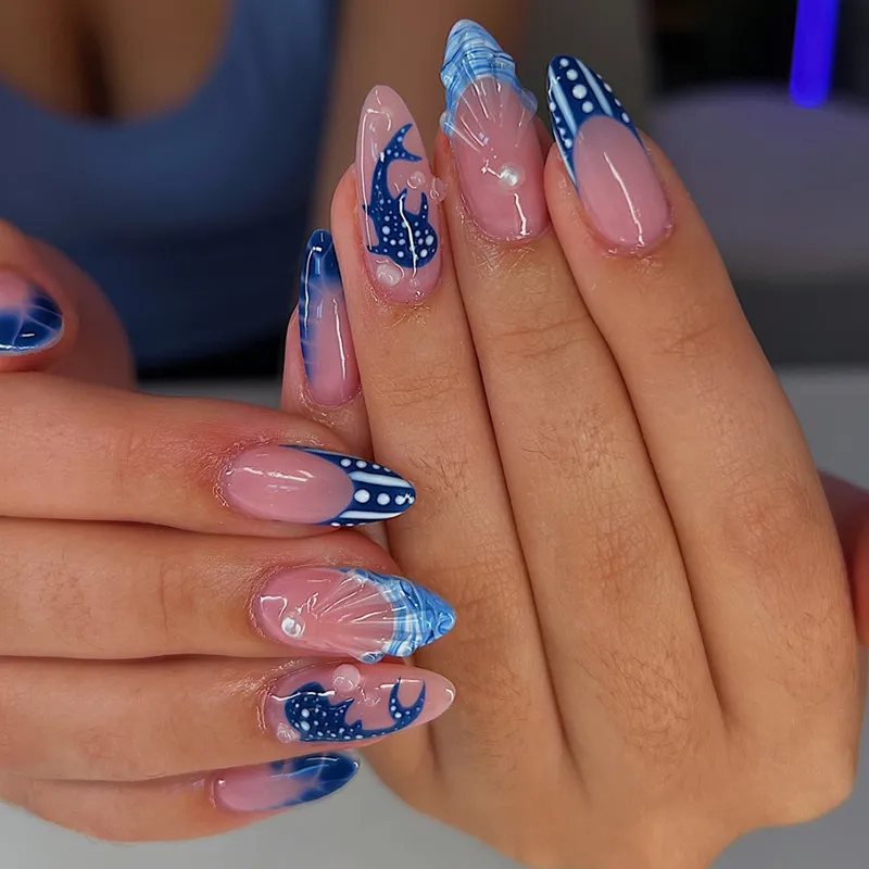 Nailhour 30Pcs Summer 3D Resin Blue Dolphin Press On Nails
