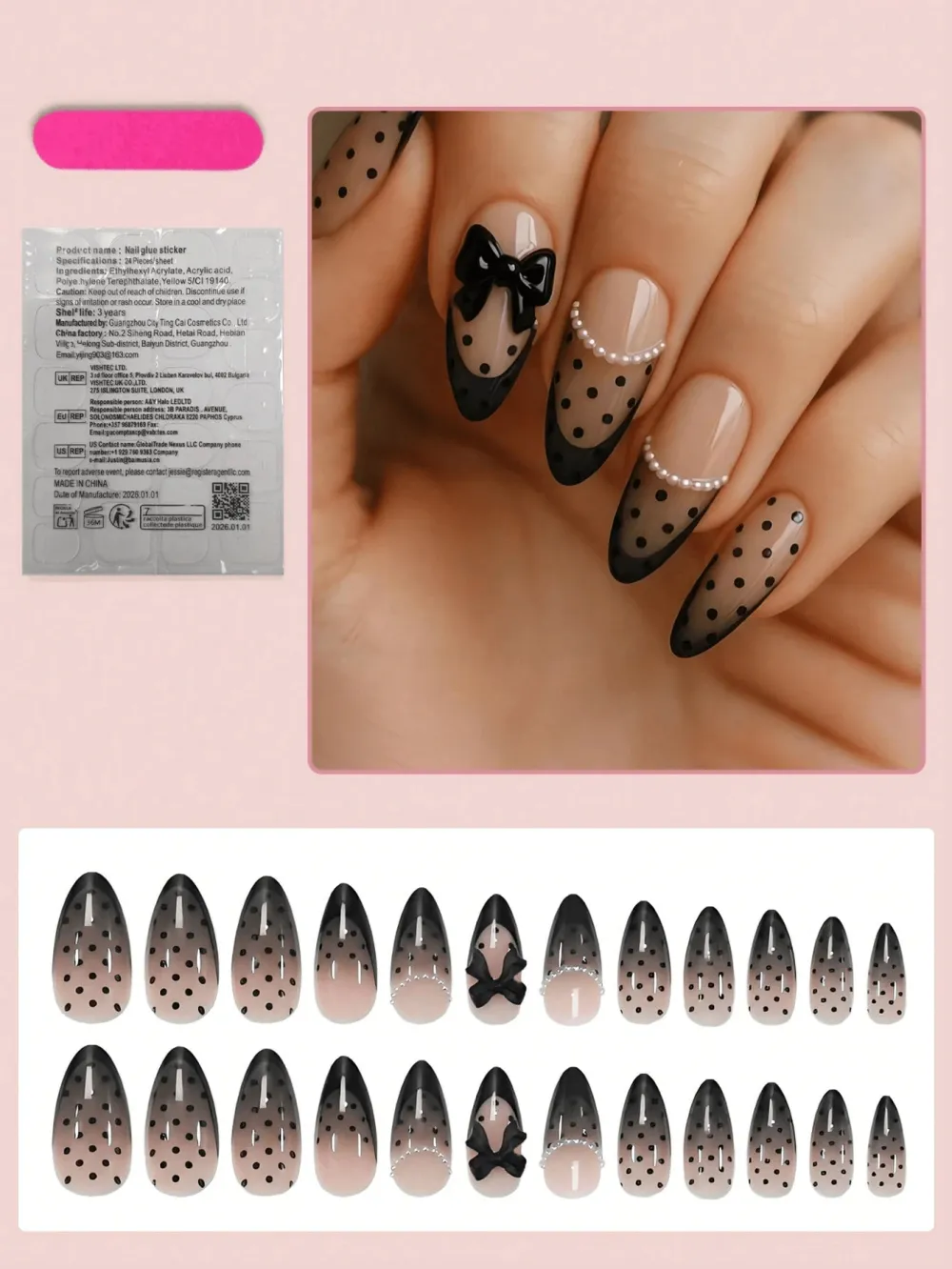 Nailhour Black 24pcs Medium Almond French Polka Dot With Bow Pearl Press On Nails