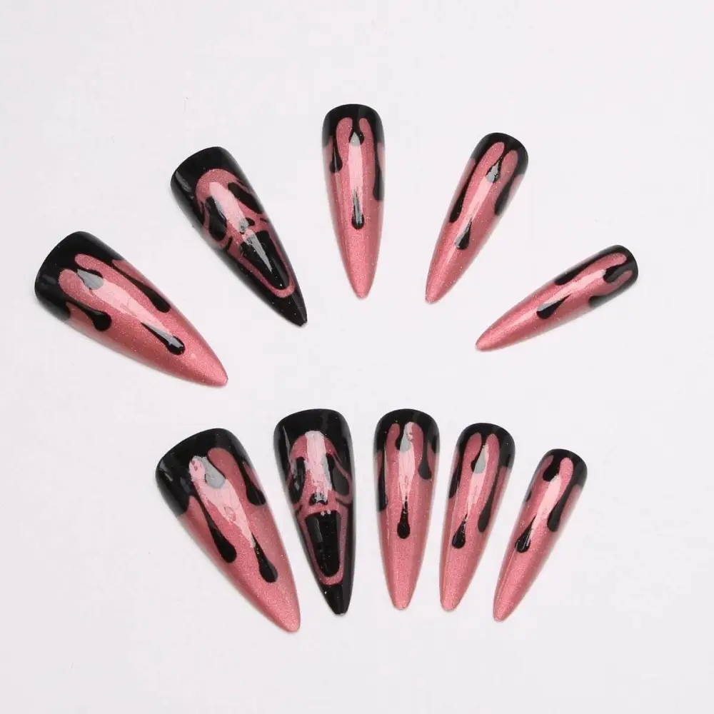 Nailhour 24Pcs Pink Glitter Cat Eye Long Stiletto Press On Nails