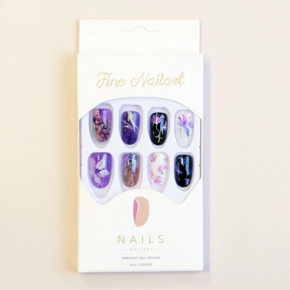 Nailhour 30pcs Short Oval Purple Floral Press On Nails