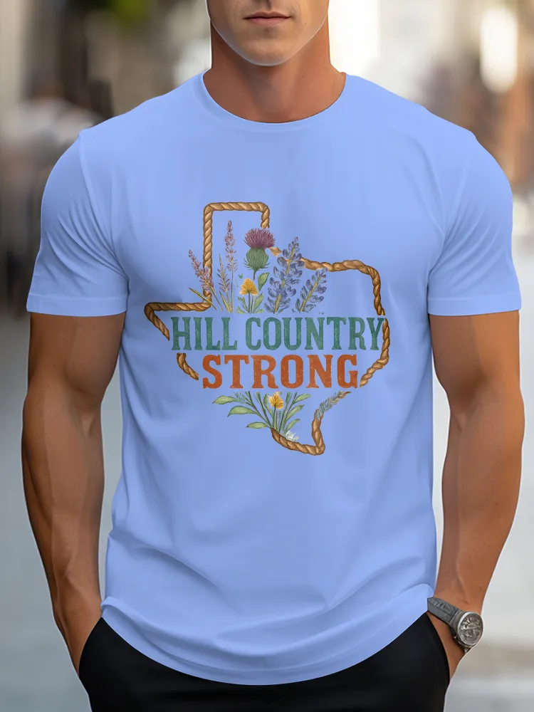 Men'S Casual Style HILL COUNTRY STRONG Round Neck Slim Fit T-Shirt