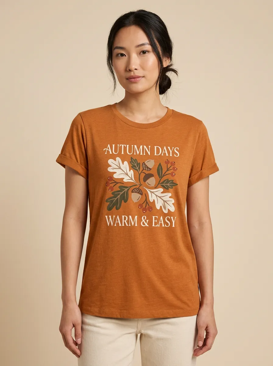 Botanical Acorn Oak Leaf Printed Women's Graphic T-Shirt