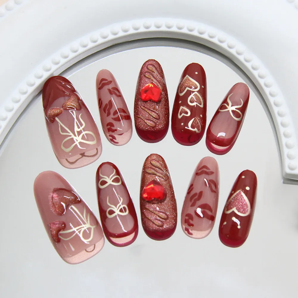 Nailhour Cat Eye Heart Cherry Bow 3D 30Pcs Handmade Red Press On Nails