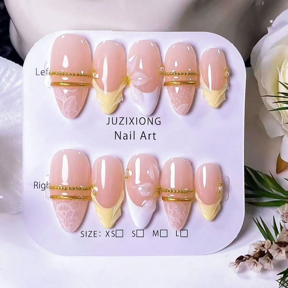 Nailhour 10Pcs Handmade 3D French Gilded  Medium Almond Press On Nails