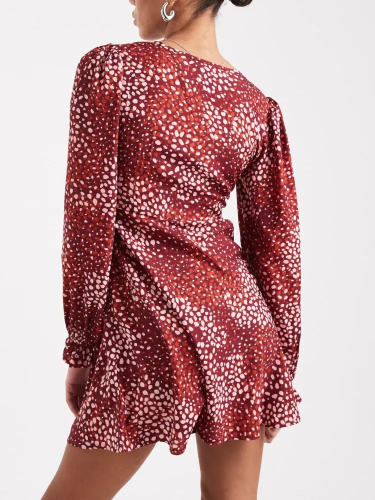 Printed V-Neck Long Sleeve Dress