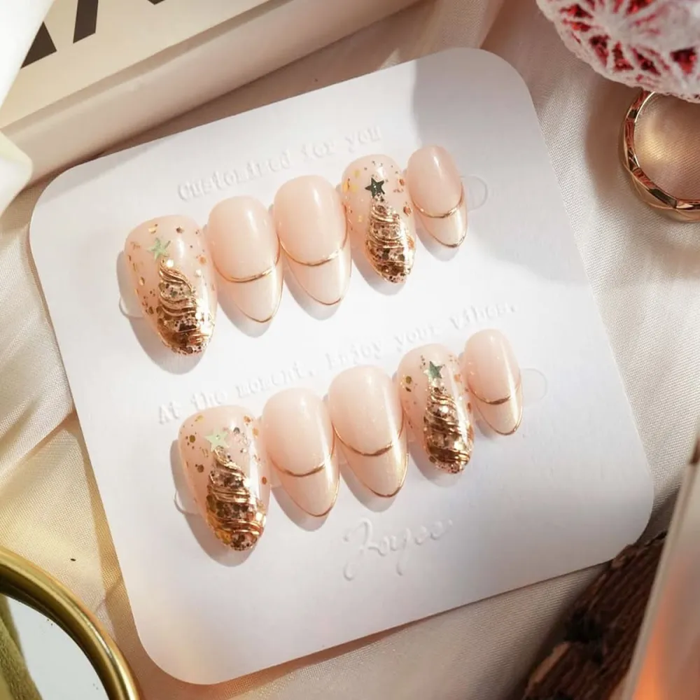 Nailhour 24Pcs Christmas Tree Medium Almond French Press On Nails