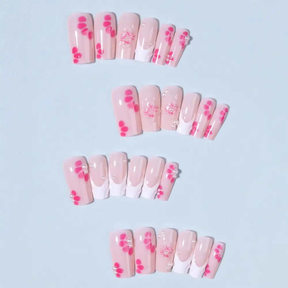 Nailhour 24Pcs French Long Square 3D Translucent Blooms Press On Nails