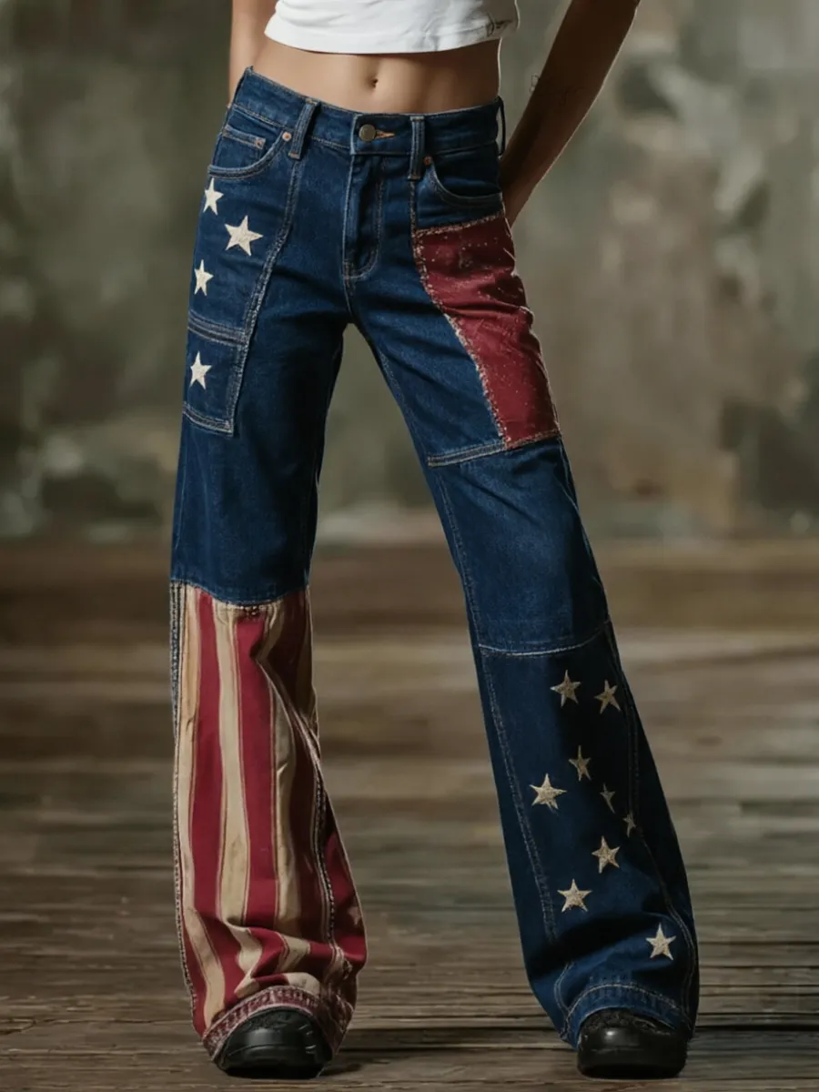 Women'S Retro Flower 250Th Anniversary Commemorative Casual Jeans