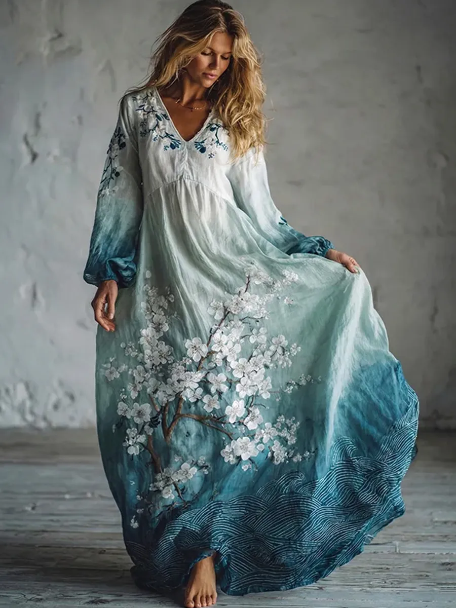 Vintage Japanese Plum Blossom Ukiyo Print Linen Blend Dress