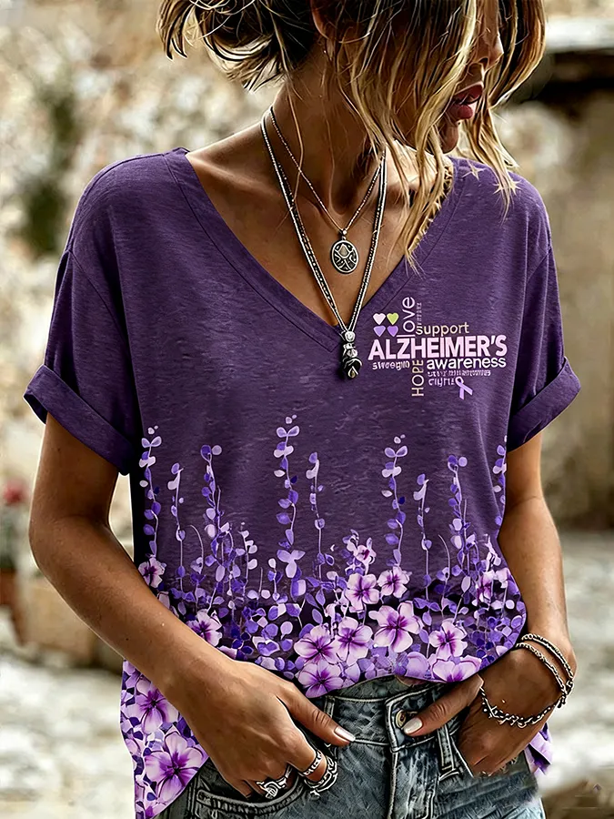 Women'S Purple Floral Print Casual V-Neck T-Shirt