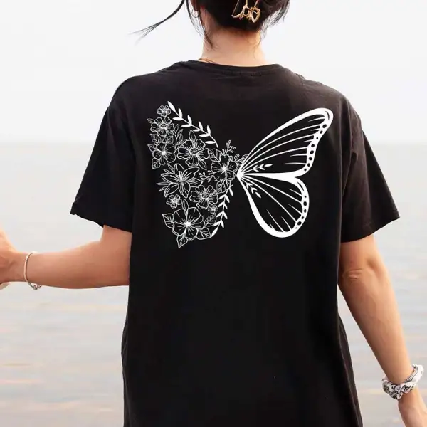 Floral butterfly crew neck comfortable T-shirt