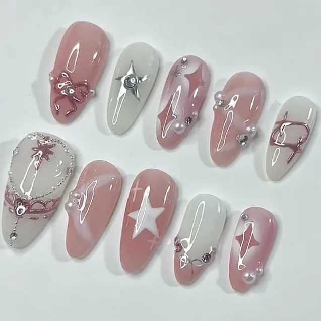 Nailhour 24Pcs French 3D Pink Vintage Medium Almond Press On Nails