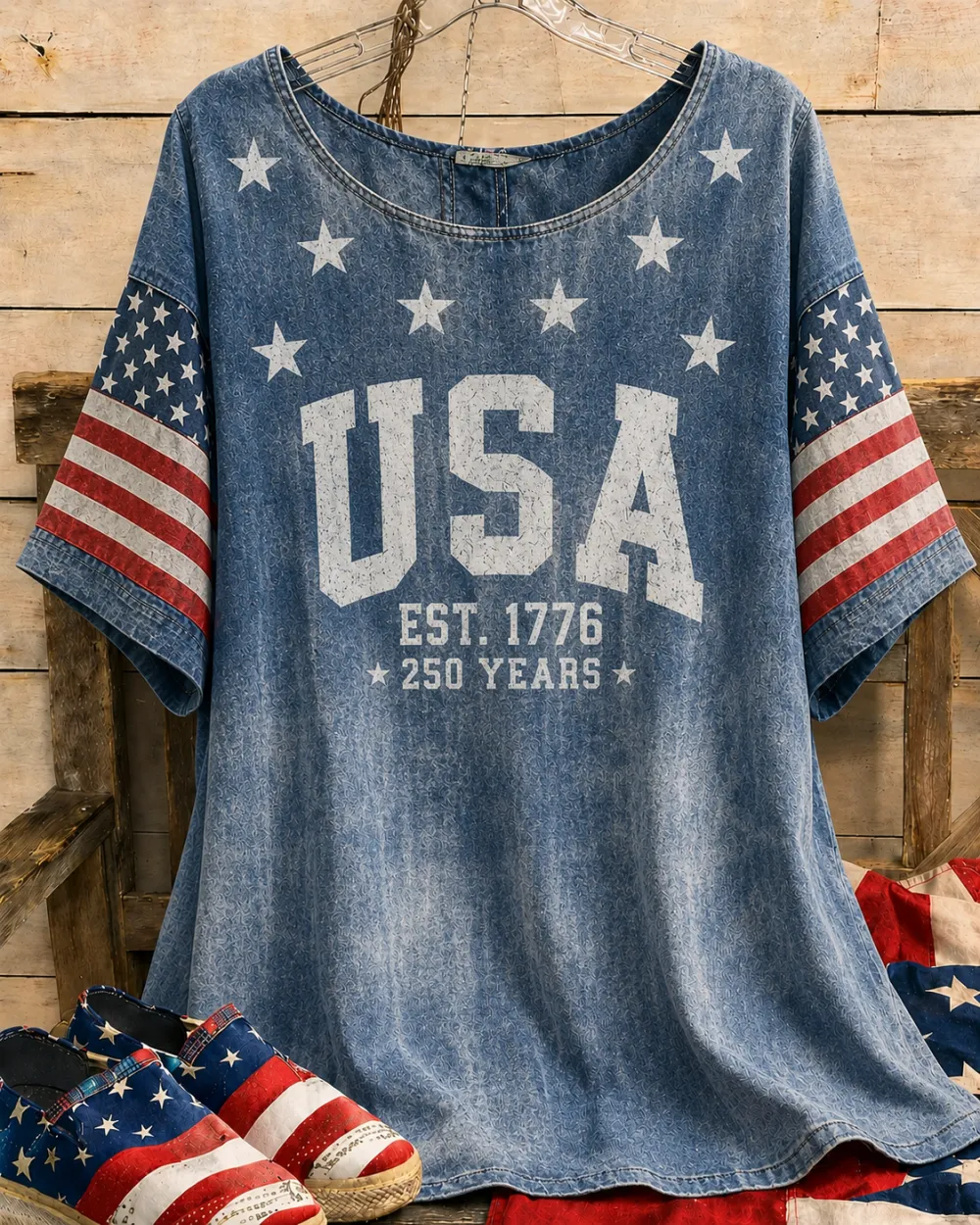 Women's casual linen flowers Independence Day Patriot printed short sleeved T-shirt